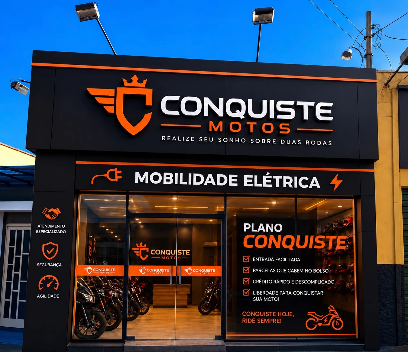 Fachada da Conquiste Motos com identidade preta, laranja e branca