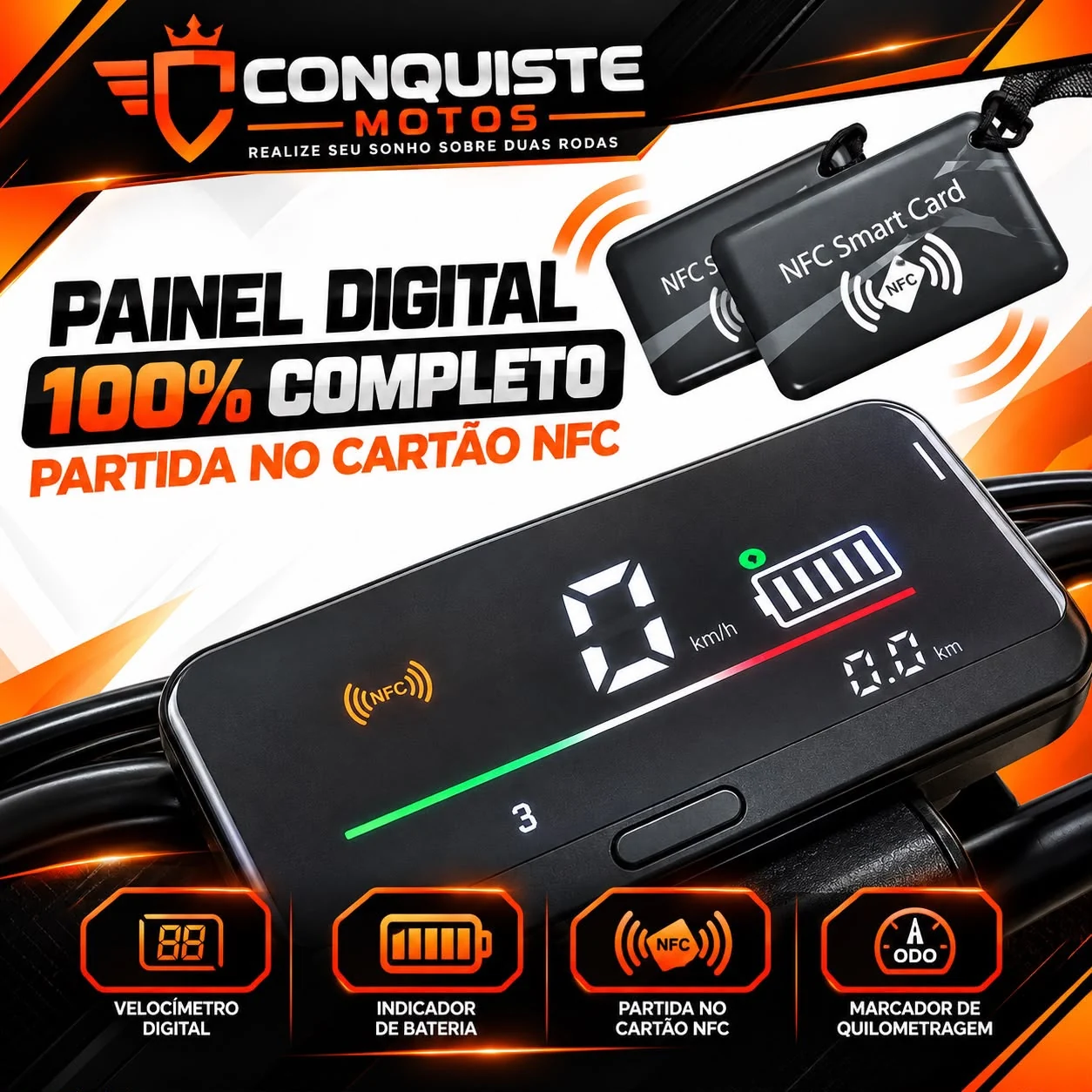 Painel digital com indicador de bateria, velocímetro e partida NFC